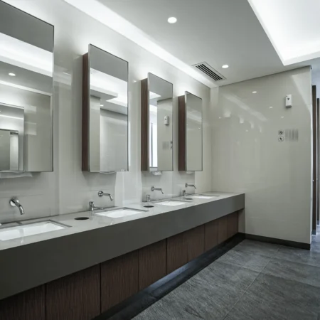 Modern ingerichte toiletruimte met wastafels en spiegels.