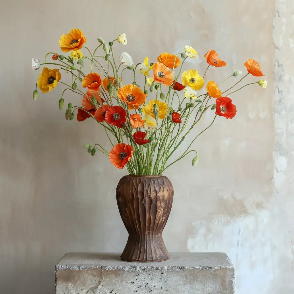 Rustic elegance poppies in wooden vase Rustic elegance poppies in wooden vase