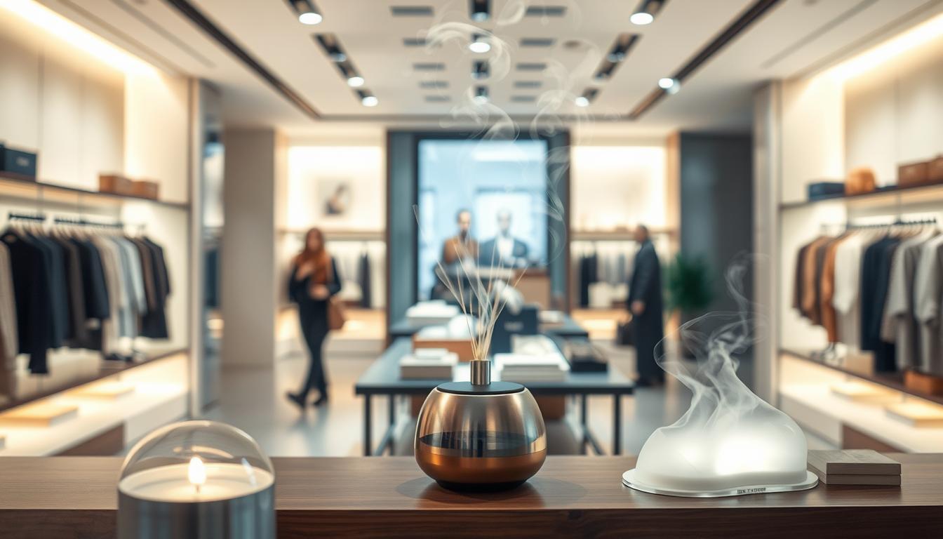 A well-lit, immersive scene showcasing various aroma diffusion strategies within a modern retail space. In the foreground, a sleek fragrance dispenser emits wispy trails of fragrance, captivating passing shoppers. In the middle ground, artfully arranged merchandise evokes a sense of luxury and sophistication, complemented by strategically placed scent pads that subtly fill the air. The background features a clean, minimalist store design with warm lighting, drawing the eye towards the carefully curated sensory experience. The overall atmosphere conveys a harmonious blend of visual and olfactory stimuli, inviting the viewer to fully immerse themselves in the strategic use of scent within the retail environment.