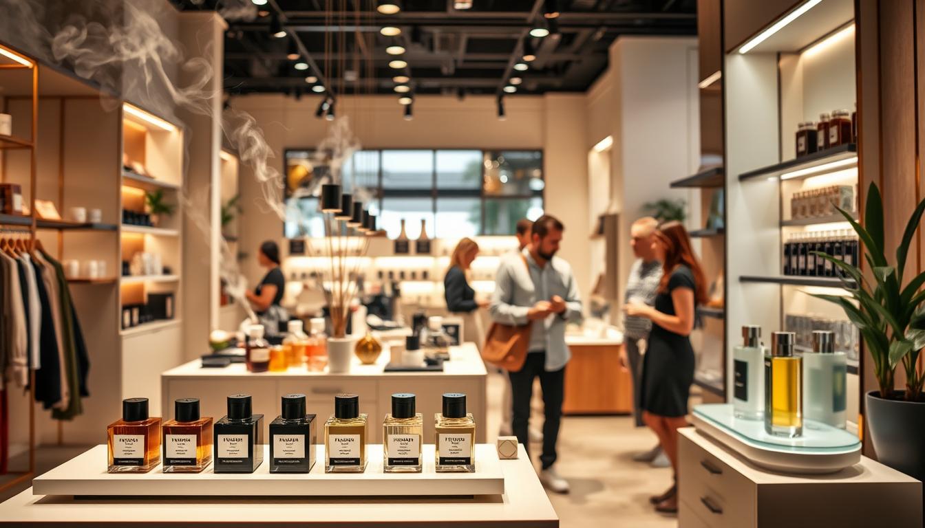A well-lit retail space with various scent diffusers and fragrance displays, showcasing different geurmarketing techniques. In the foreground, a modern fragrance display with bottles and samples on a sleek, minimalist counter. In the middle ground, customers browsing through the fragrant offerings, their expressions relaxed and engaged. The background features a warm, inviting ambiance with subtle lighting and natural elements, like potted plants, to create a sensory-rich environment. The overall scene conveys a sense of luxury, creativity, and the power of scent to influence the shopping experience.