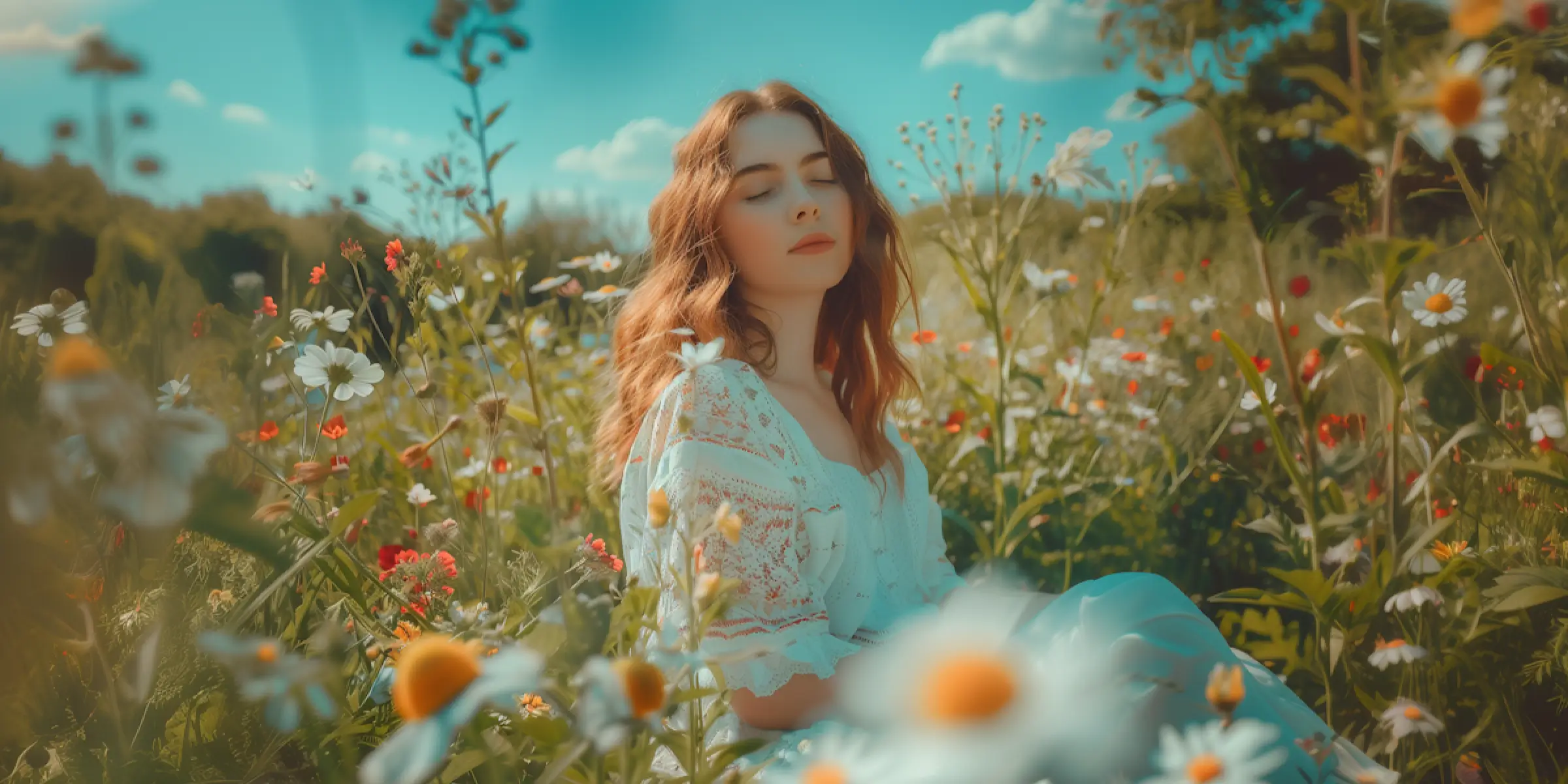 Vrouw met rode haren in een witte jurk zittend in een bloemenveld, ogen gesloten, genietend van de natuurlijke geuren die de geurmarketing van my jewellery weerspiegelen.