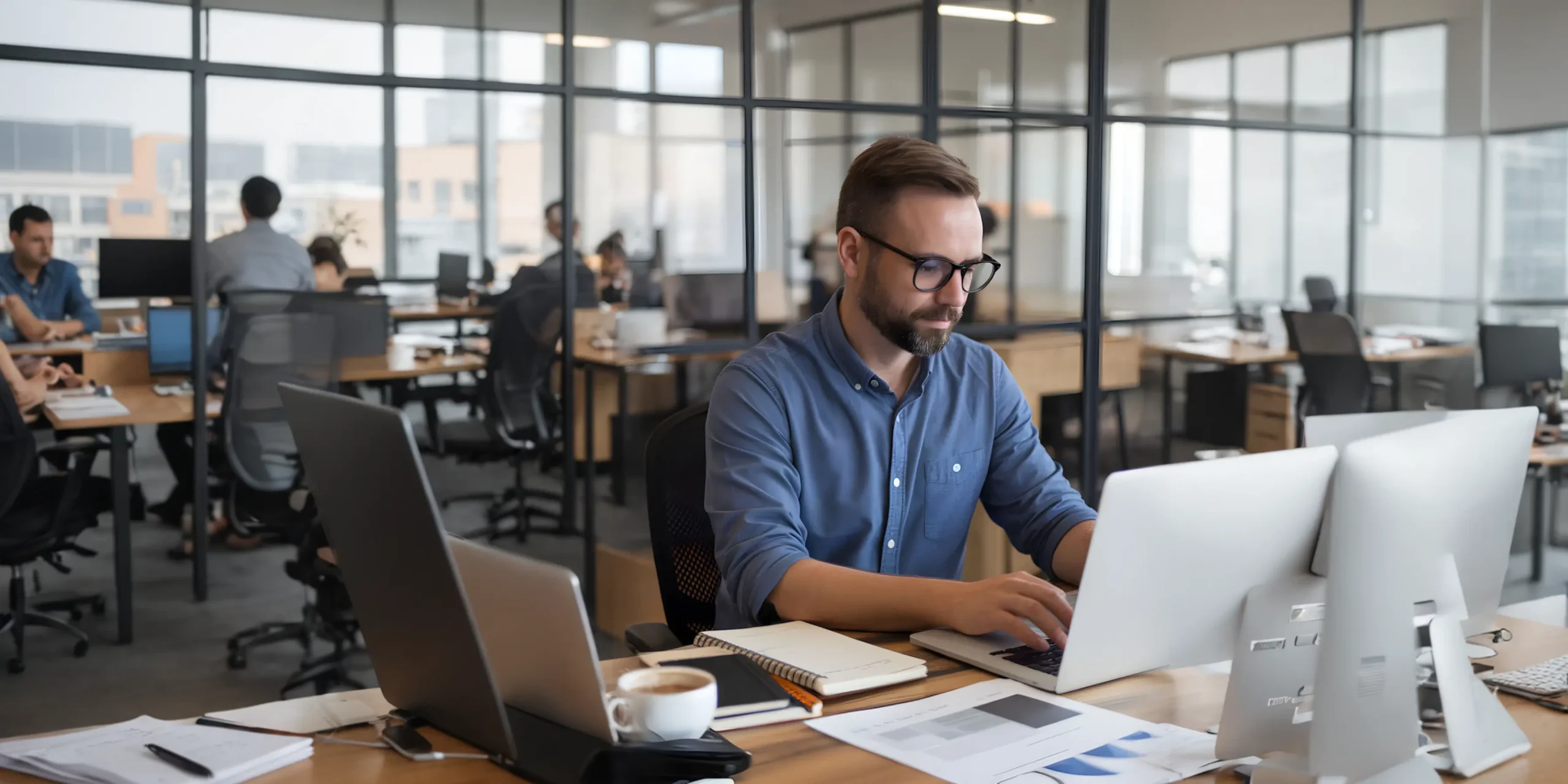 Beste-geurmachines-kantoren-man-werkt-aan-bureau | allsens b. V. Een man met bril die geconcentreerd aan zijn bureau werkt achter twee beeldschermen in een glazen kantoor, omringd door collega’s in een open kantoor; een geurmachine kan de geurbeleving in kantoren verbeteren en de productiviteit verhogen.