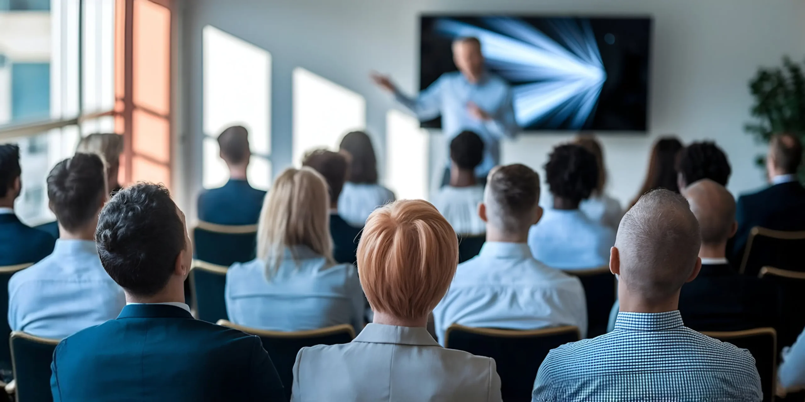 Beste-geurmachines-kantoren-presentatie | allsens b. V. Een groep mensen in een kantooromgeving luistert naar een presentatie terwijl ze naar een spreker en een scherm kijken; een geurmachine kan helpen een prettige sfeer te creëren.
