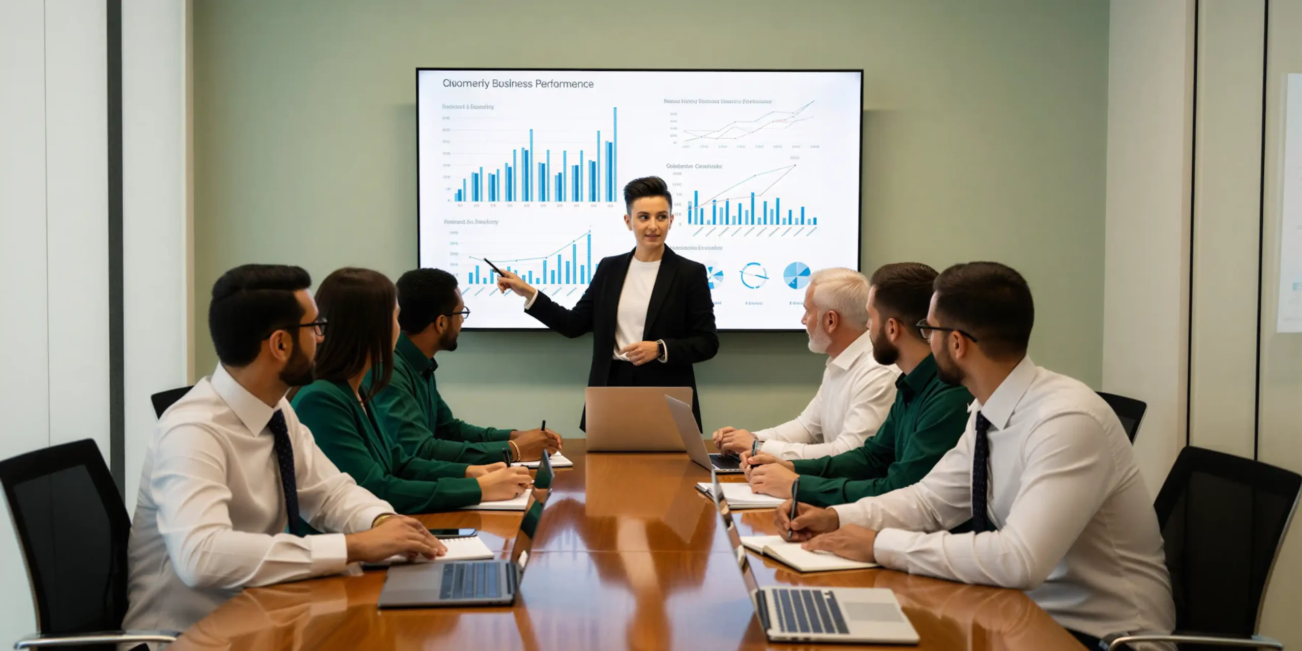 Beste-geurmachines-kantoren-team-vergadering | allsens b. V. Team in een modern kantoor in vergadering rond een tafel met een collega die voor een scherm presenteert; een geurmachine kan hier de geurbeleving verbeteren en de focus en klantvertrouwen in kantoren ondersteunen.